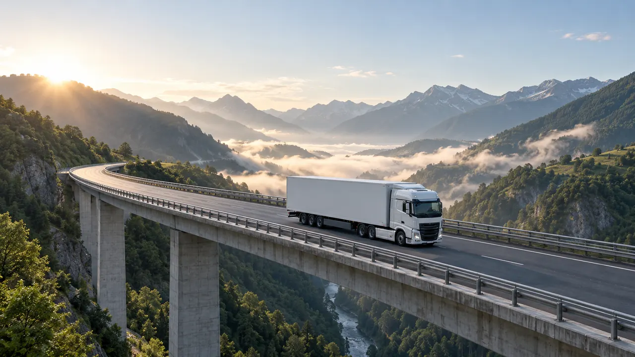 Un camión articulado cruza un viaducto entre montañas verdes con niebla baja.